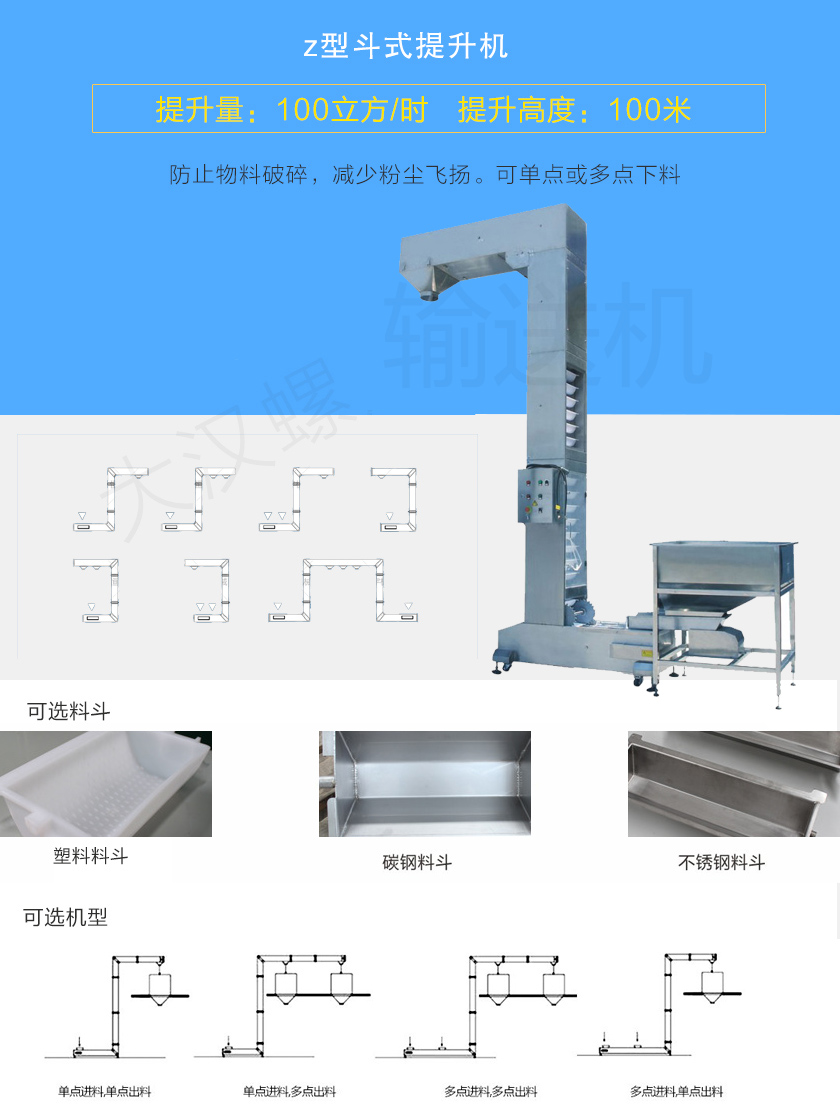 z型斗式提升機(jī)對(duì)物料本身破損小，降低廢品率。整機(jī)殼體密封，降低粉塵飛揚(yáng)，可z型、c型或混合型使用，單點(diǎn)或多點(diǎn)自動(dòng)下料