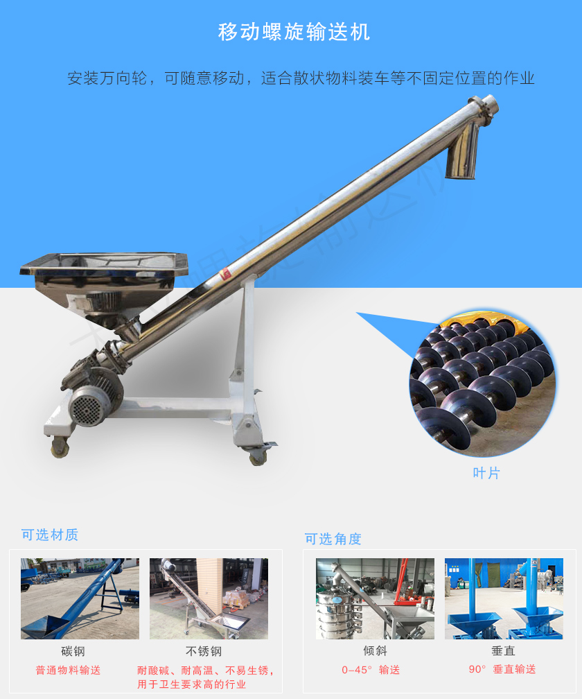 移動螺旋輸送機主要安裝有行走輪，可隨意移動，人工即可推動出入倉庫，主要用于裝卸地方變動的場合